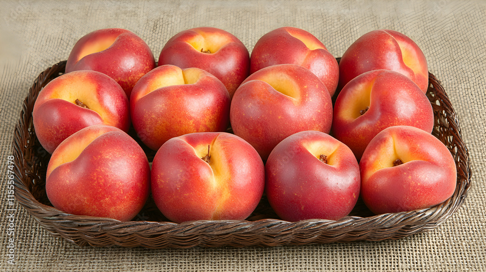 A wicker basket brimming with ripe, juicy nectarines, showcasing their vibrant red hues and delicate fuzz. Perfect for summer recipes and healthy eating. A wicker basket brimming with ripe, juicy nectarines, showcasing their vibrant red hues and delicate fuzz. Perfect for summer recipes and healthy eating.