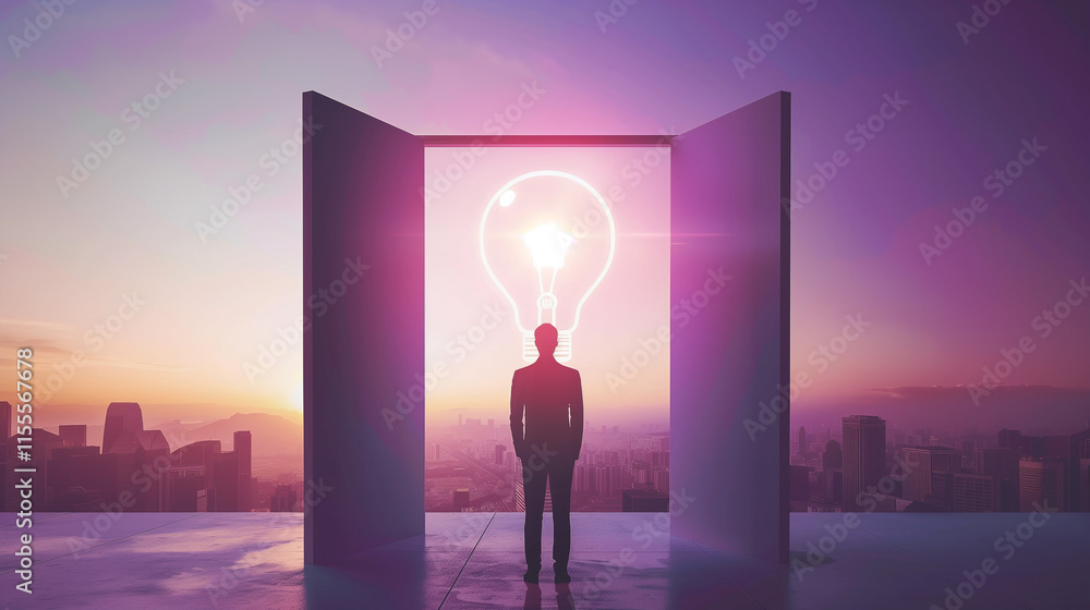 Obraz premium A person stands in front of a light bulb-shaped door with a city view through it, symbolizing innovation and creativity. The person is dressed in business attire and has his back to the camera. Bright