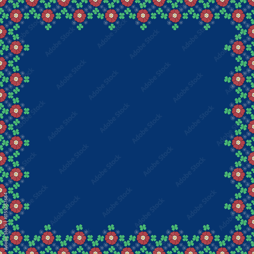 Red Primula Auricula and Clover (Trifolium) pattern illustration on blue background Red Primula Auricula and Clover (Trifolium) pattern illustration on blue background