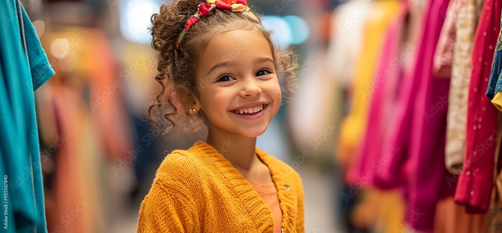 A joyful child smiles in a colorful clothing store aisle. A joyful child smiles in a colorful clothing store aisle.
