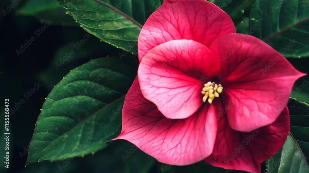 A bright pink flower stands out amidst lush green foliage, showcasing the delicate beauty of nature in a serene composition A bright pink flower stands out amidst lush green foliage, showcasing the delicate beauty of nature in a serene composition