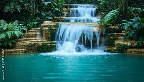 A cascading waterfall that glows faintly in shades of cyan and white, surrounded by dense, glowing f
