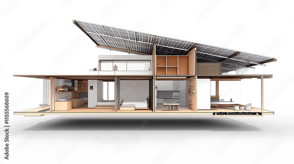 Architectural cutaway view of a modern, sustainable home with solar panels. Architectural cutaway view of a modern, sustainable home with solar panels.
