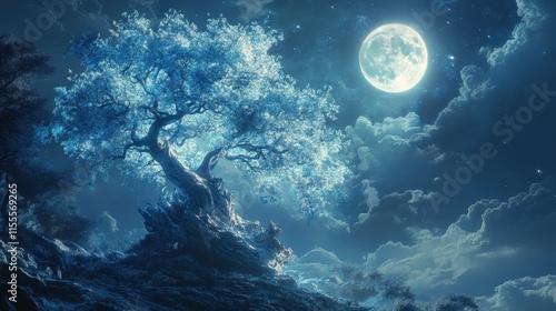 Wallpaper Mural ** Enchanting Nighttime Landscape with Illuminated Tree and Full Moon in a Starry Sky..** Torontodigital.ca