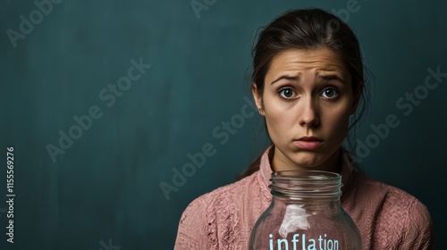 Concerned Woman Holding Glass Jar with Word Inflation in Studio Setting, Expressing Anxiety Over Economic Challenges and Financial Struggles photo