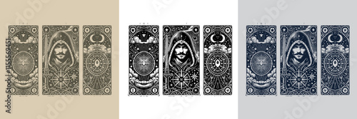 dark mystical assassin playing card tattoo design