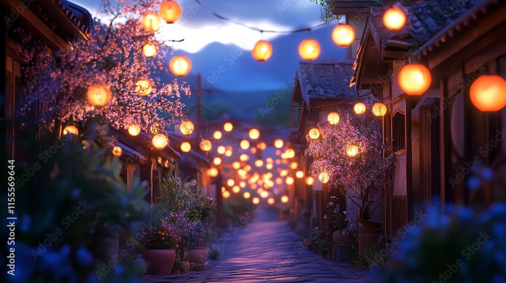 Evening scene of a quaint Asian village street, illuminated by warm lanterns hanging amidst blooming trees. Evening scene of a quaint Asian village street, illuminated by warm lanterns hanging amidst blooming trees.