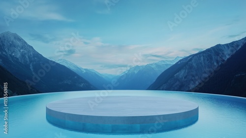 Empty round podium in infinity pool overlooking majestic mountains