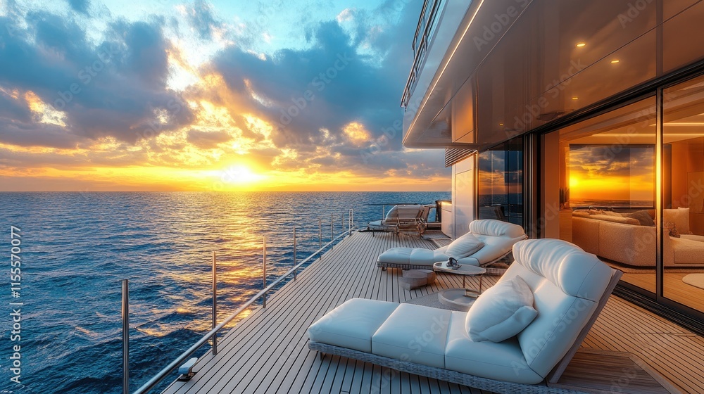 Fototapeta premium Luxury Yacht Sunset Cruise: Tranquil Ocean Views from a Private Deck