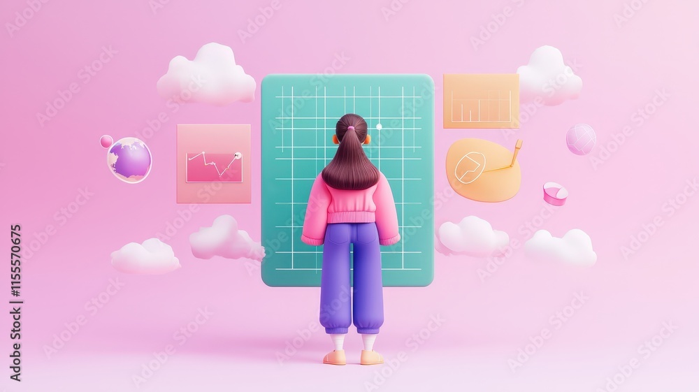 business plan 2025 and strategy concept. A person stands before a colorful digital interface, surrounded by playful icons and soft clouds on a pink background. business plan 2025 and strategy concept. A person stands before a colorful digital interface, surrounded by playful icons and soft clouds on a pink background.