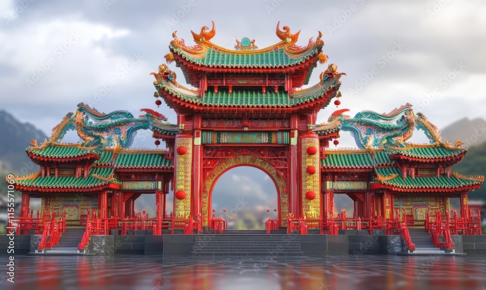 Stunning Architectural Marvel of a Traditional Chinese Pagoda with Vibrant Red and Green Colors Surrounded by Mountains Stunning Architectural Marvel of a Traditional Chinese Pagoda with Vibrant Red and Green Colors Surrounded by Mountains