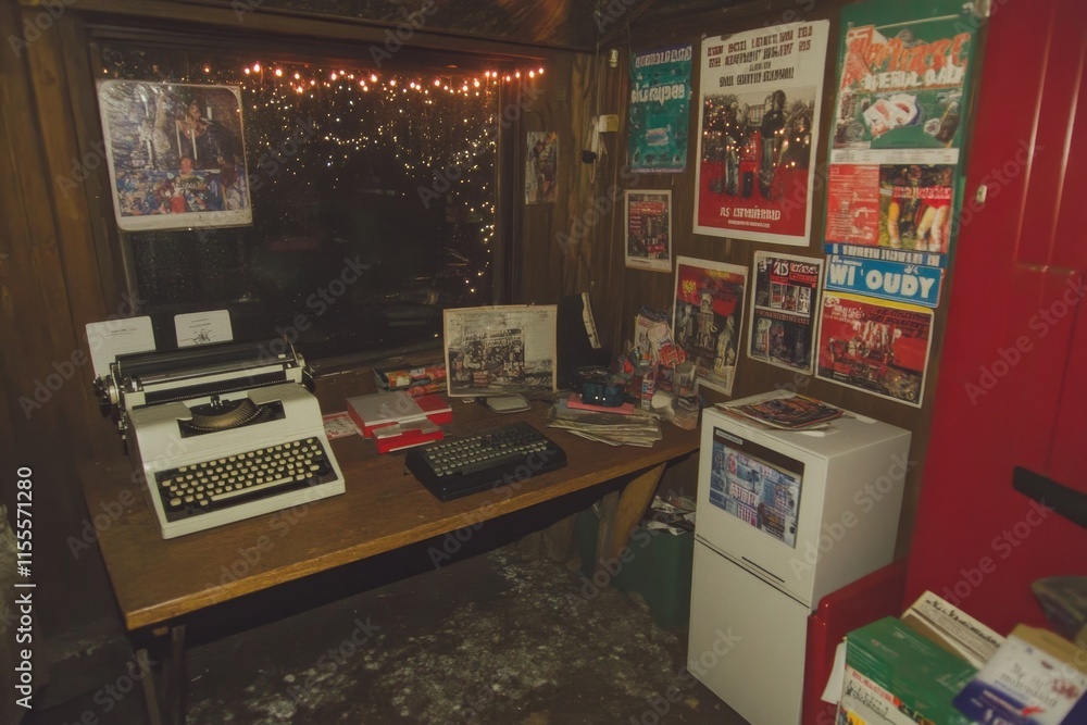 A rustic workspace with a hipster aesthetic: wooden table, vintage typewriter, retro posters, and string lights overhead