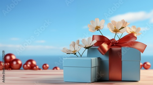 Wooden gift box with an empty card mockup alongside a closed gift box in sky blue color solid background