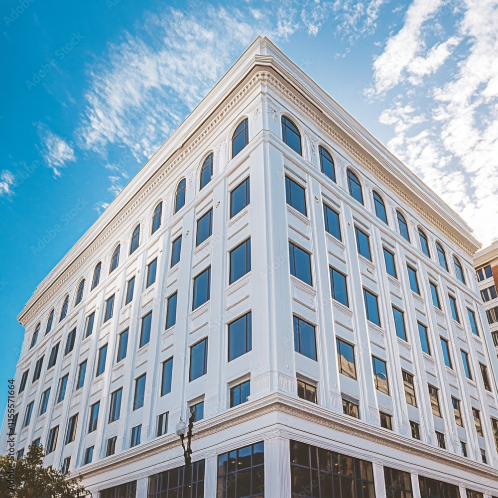 Fototapeta premium A white office building overlooks a stunning blue sky