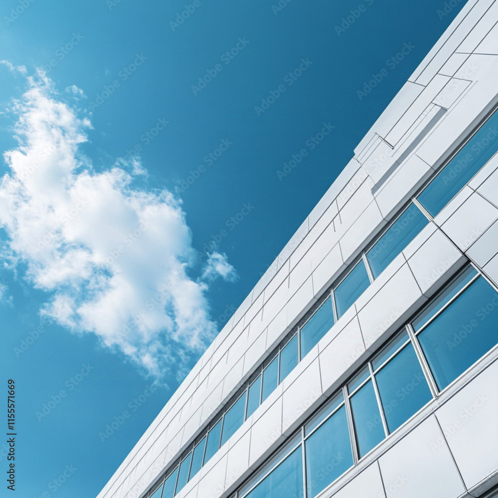 A white office building with VR technology effects and a stunning blue sky can be seen from the outside A white office building with VR technology effects and a stunning blue sky can be seen from the outside