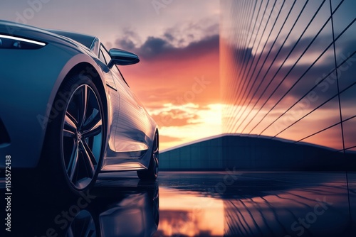 Luxury car shines in modern setting at sunset with striking architectural backdrop. Generative AI photo