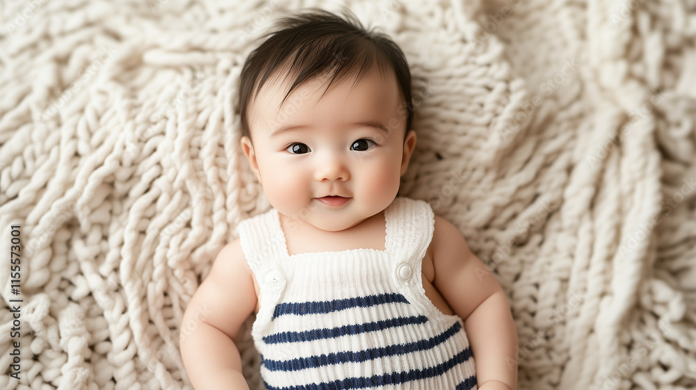 白と青のストライプ服を着た新生児の初写真セッション 白と青のストライプ服を着た新生児の初写真セッション