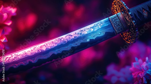 Close-up of katana blade with vibrant lighting and blossoms. photo