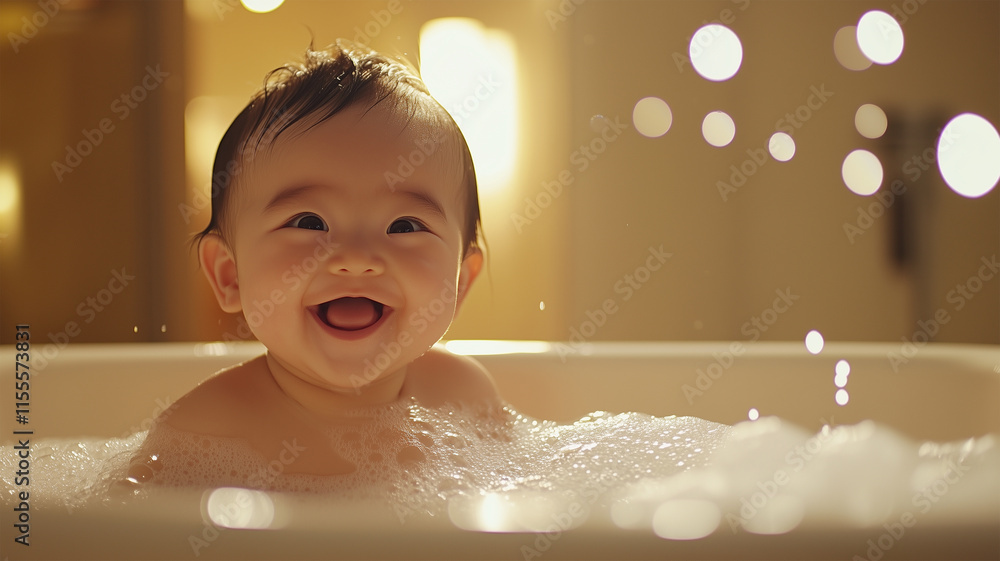 暖かな光に包まれた新生児の初めてのバスタイム 暖かな光に包まれた新生児の初めてのバスタイム