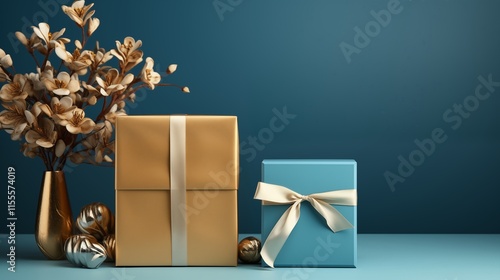 Wooden gift box with an empty card mockup alongside a closed gift box in blue solid background style