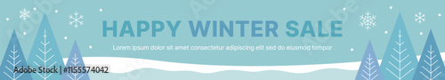 This is an illustration of a shopping discount banner with the words 'Happy Winter Sale' written on a snowy forest background with trees in a winter concept.