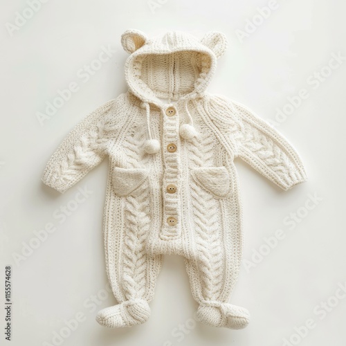 Cozy knitted baby jumpsuit featuring adorable bear ears on the hood, wooden buttons, and charming pompom details photo