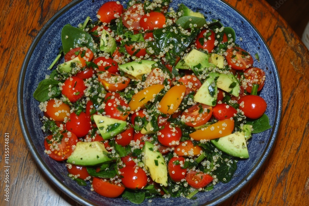 A vibrant bowl of fresh salad with spinach, cherry tomatoes, avocado, and quinoa, served on a rustic wooden table A vibrant bowl of fresh salad with spinach, cherry tomatoes, avocado, and quinoa, served on a rustic wooden table