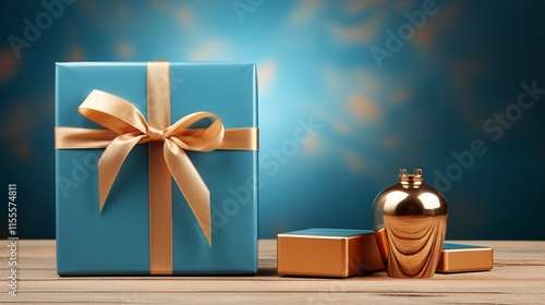 Wooden gift box with an empty card mockup alongside a closed gift box in blue solid background style