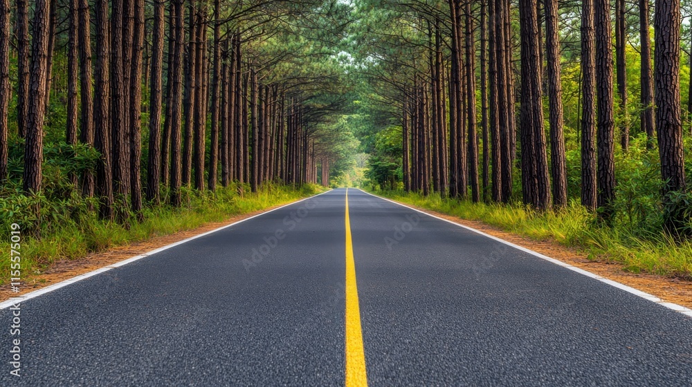 Obraz premium Scenic Road Surrounded by Lush Green Forest and Tall Pine Trees Offering Tranquil Nature Experience Perfect for Travel and Adventure Photography