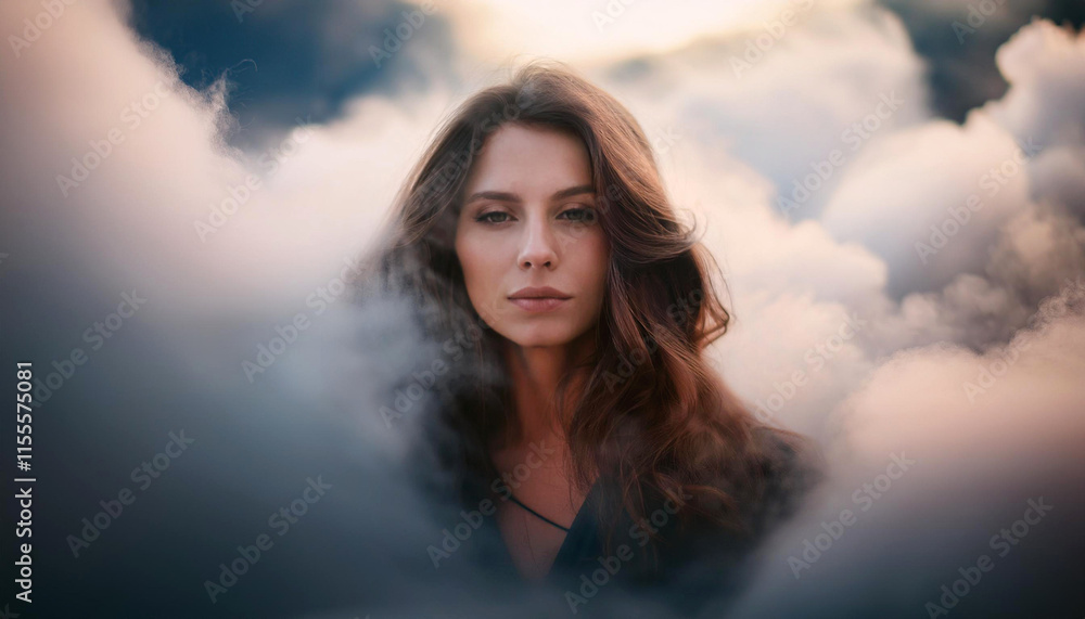 Dreamy portrait of beautiful young woman in clouds, generative ai Dreamy portrait of beautiful young woman in clouds, generative ai