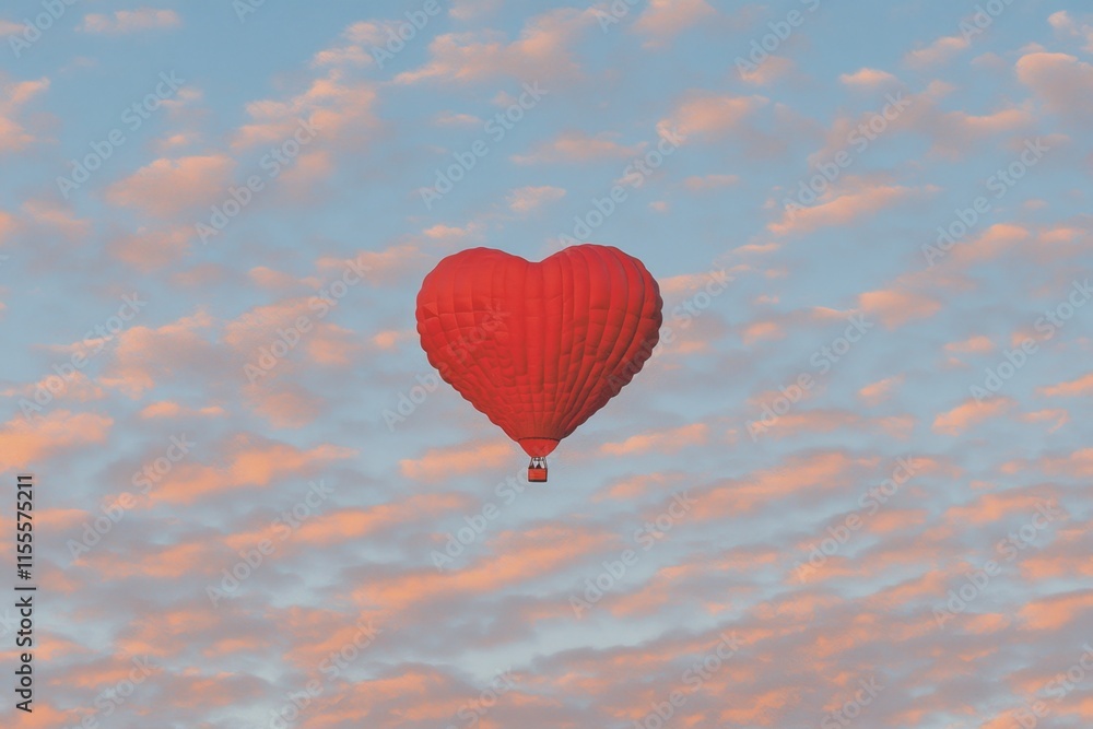 Fototapeta premium A whimsical Valentine heart-shaped hot air balloon rising over a golden sunrise sky