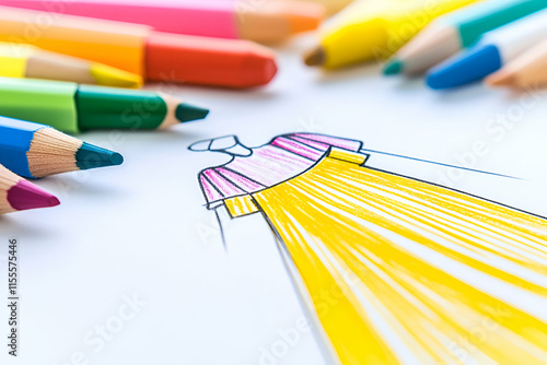 A colorful dress design on paper, surrounded by vibrant pencils for artistic expression photo