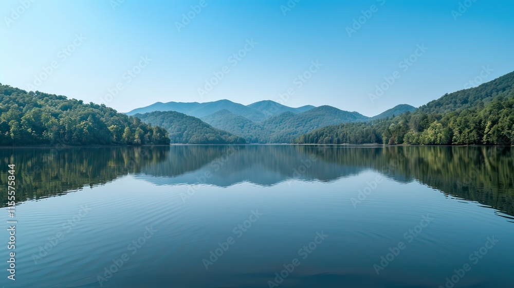 A panoramic view of a mountain range with a calm lake in the foreground. A panoramic view of a mountain range with a calm lake in the foreground.