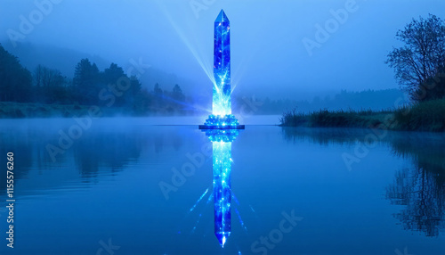 A massive, glowing crystal obelisk hovering above a serene, mist-covered lake. The obelisk radiates