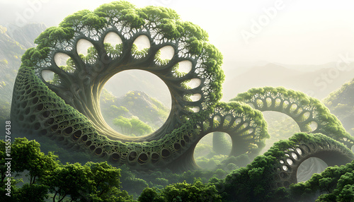 Enchanting fractal trees form surreal arches in a mystical forest landscape, creating a breathtaking, otherworldly scene. photo