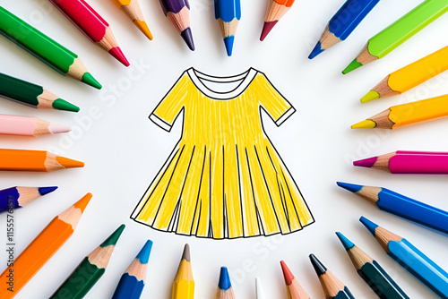 Vibrant colored pencils form a circular arrangement, highlighting a joyful dress sketch photo