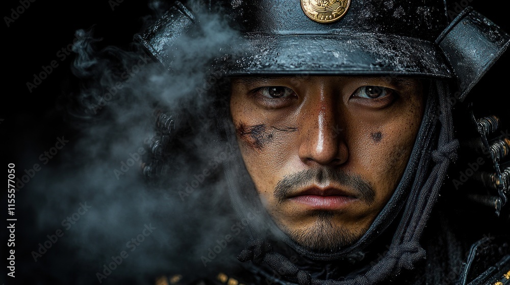 Fototapeta premium Close-up portrait of a samurai warrior, smoke obscuring his face, showcasing battle scars and intense gaze.