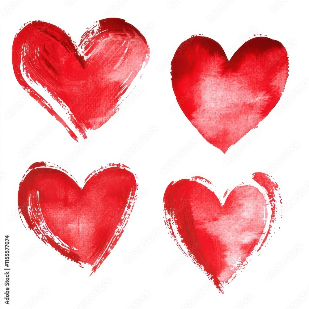 4 red hearts painted with a brush Isolated on White Background Generative AI 4 red hearts painted with a brush Isolated on White Background Generative AI