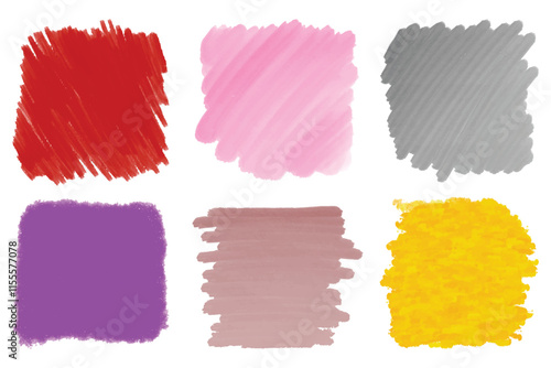 Set of watercolor abstract colored spots for text design, label. Watercolor swatches pencil illustration. Colorful grunge backgrounds. Square paint brush stroke. Hand drawn flat grunge stains marker 