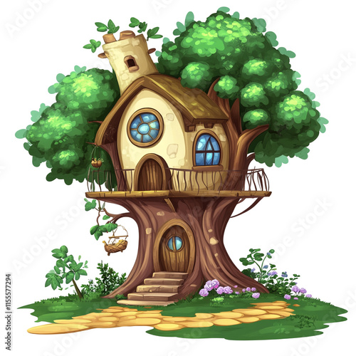 Enchanted Treetop House: A whimsical illustration of a fairytale house nestled in a giant tree, surrounded by vibrant flora, inviting viewers into a world of fantasy and wonder. photo