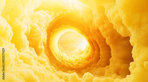 Fototapeta Naklejka Na Ścianę i Meble -  Bright yellow 3D tunnel with clouds flowing outward in an abstract scene