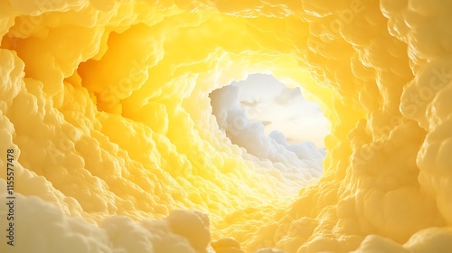 Fototapeta Naklejka Na Ścianę i Meble -  Bright yellow 3D tunnel with clouds flowing outward in an abstract scene