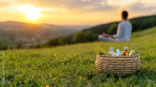 outdoor wellness meditation, peaceful scene person meditating on grassy hill at sunrise, with basket of vitamin d supplements and wellness products photo