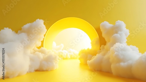 Fototapeta Naklejka Na Ścianę i Meble -  3D render of yellow background with white clouds emerging from a tunnel entrance