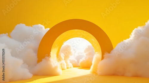Fototapeta Naklejka Na Ścianę i Meble -  3D render of yellow background with white clouds emerging from a tunnel entrance