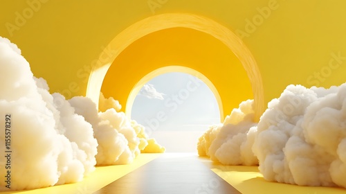 Fototapeta Naklejka Na Ścianę i Meble -  3D render of yellow background with white clouds emerging from a tunnel entrance