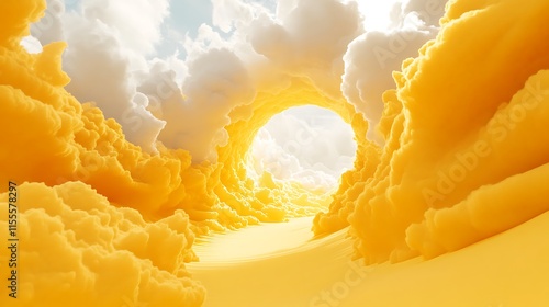 Fototapeta Naklejka Na Ścianę i Meble -  3D abstract yellow environment with soft clouds flying from a large tunnel