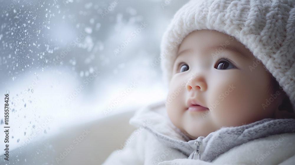 日本人新生児と冬の日の温かな窓辺、雪景色の調和 日本人新生児と冬の日の温かな窓辺、雪景色の調和