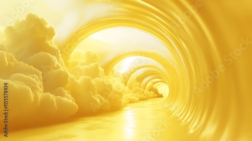 Fototapeta Naklejka Na Ścianę i Meble -  3D abstract yellow environment with soft clouds flying from a large tunnel