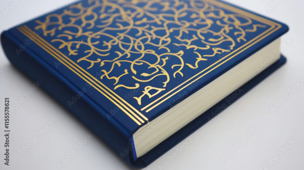 A luxurious journal with a matte finish, rich royal blue color accented by intricate gold patterns on the cover, laying flat on a pure white background. The journal has soft rounded edges and elegant A luxurious journal with a matte finish, rich royal blue color accented by intricate gold patterns on the cover, laying flat on a pure white background. The journal has soft rounded edges and elegant